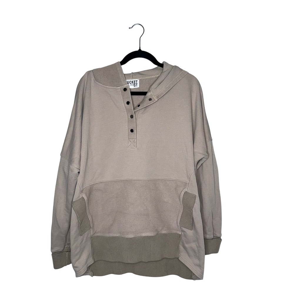 Bucket List Hoodie Womens Large Tan Excellent Snap Henley Oversized‎ Sweatshirt